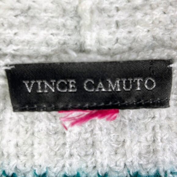 Vince Camuto Puff Sleeve Cardigan Button Front Knit Teal Grey Cream Striped L - Picture 9 of 10